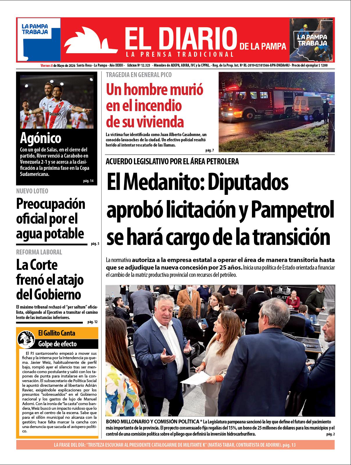 Tapa de El Diario en papel  viernes 08 de mayo de 2026